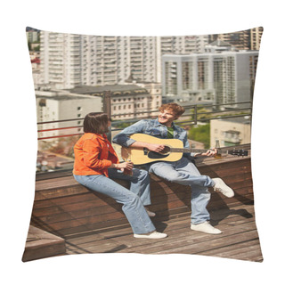 Personality  A Duo Of Individuals Playing Acoustic Guitars, Engrossed In Creating Harmonious Melodies While Strumming In Synchrony Pillow Covers