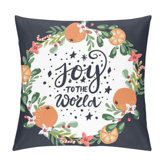 Personality  Joy To The World Greeting Card With Hand Written Calligraphy Words And Hand Drawn Floral Branches And Design Elements In Red And Green Colors On Dark Background Pillow Covers
