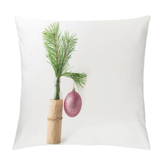 Personality  New Year Still Life With Christmas Tree Branch In Glass Bottle And Pink Decorations Ball On White Background. Mock Up, Minimalism, Copy Space For Text And Lettering, Front View Pillow Covers