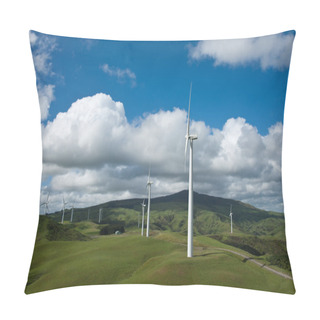 Personality  Row Of Wind Turbines Rotate Lazily Over Green Rural Hills. Pillow Covers