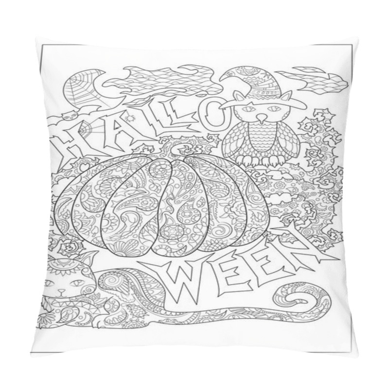 Personality  Halloween black and white vector coloring page with owl in magician hat, cat and pumpkin. Outlined pumpkin with floral pattern. Creepy cute Halloween characters. Halloween pumpkin for adult coloring pillow covers