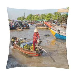Personality  Can Tho / Vietnam - March 05 2019: A Vendor At The Cai Rang Floating Market. Pillow Covers