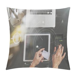 Personality  Internet Shopping Concept.Top View Of Hands Working With Calcula Pillow Covers