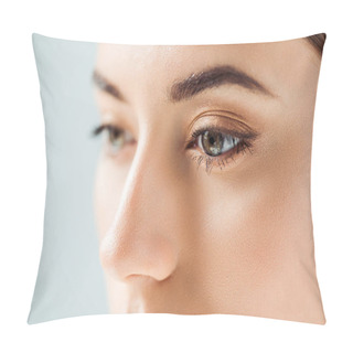 Personality  Close Up Of Young Woman With Golden Eye Shadow Isolated On Grey Pillow Covers