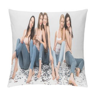 Personality  Cheerful Female Friends Sitting Together Near Confetti Stars Isolated On Grey Pillow Covers