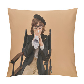 Personality  Stylish Boy In Beret And Glasses Sits In Director Chair, Speaking In Piece Of Rolled Paper Pillow Covers