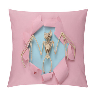 Personality  Bat Skeleton Through A Torn Hole On A Blue-pink Pastel Background. Halloween Layout Pillow Covers