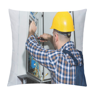 Personality  Male Electrician Checking Wires In Electrical Box Pillow Covers
