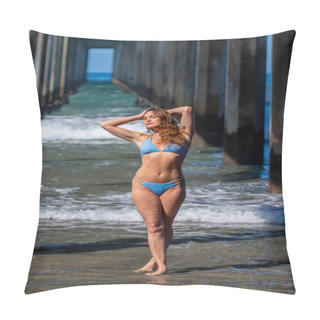 Personality  Breathtaking Woman Basks In Beach Bliss, Near A Pier, Under Clear Blue Skies, Embracing The Serenity Of A Perfect Day By The Sea Pillow Covers