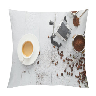 Personality  Top View Of  Cup Of Coffee On Saucer Near Geyser Coffee Maker, Portafilter And Spoon On White Wooden Surface With Coffee Beans Pillow Covers