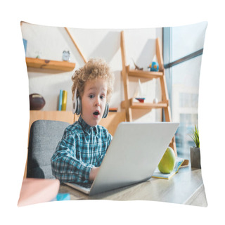 Personality  Selective Focus Of Surprised Kid Typing On Laptop Near Apple While Listening Music In Wireless Headphones  Pillow Covers