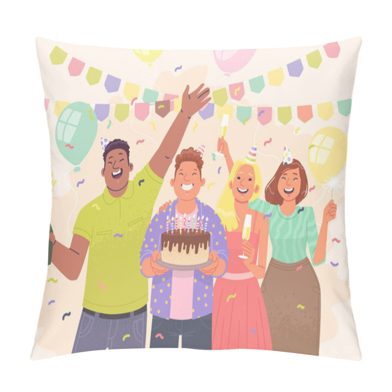 Personality  Happy friends are celebrating a birthday. Guys and girls have fun at the party. Vector illustration in flat style pillow covers