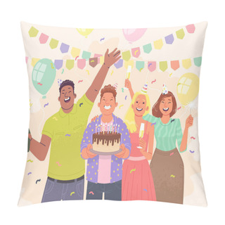 Personality  Happy Friends Are Celebrating A Birthday. Guys And Girls Have Fun At The Party. Vector Illustration In Flat Style Pillow Covers