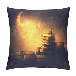 Personality  Wonderful Painting With A Boy Sitting On A Stack Of Books Under The Starry Night Sky Looking A The Marvelous Crescent Moon. Magic Dreamland Adventure Scene. The Reader Diving Into Fable Worlds  Pillow Covers