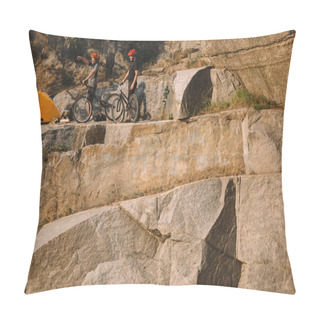 Personality  Male Traveler In Protective Helmet Standing With Mountain Bike And Pointing By Finger To Friend Near Tent On Rocky Cliff  Pillow Covers