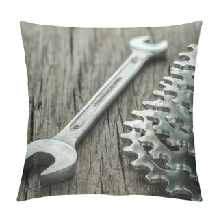 Personality  A Closeup Shot Of A Wrench And New Sprocket For Bicycles On A Wooden Board Pillow Covers