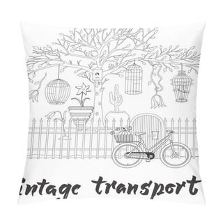 Personality  Vector Illustration, Vintage Transport, Bicycle Near Fence, Tree, Cages, Birds, Flowers Pillow Covers