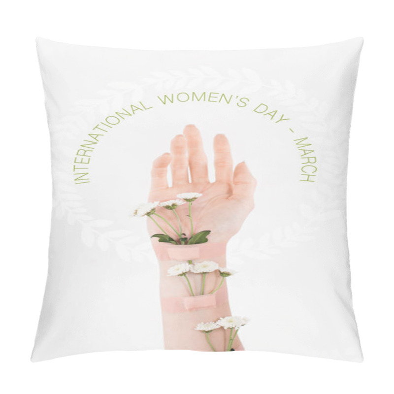 Personality  Cropped View Of Woman With Wildflowers On Hand On White Background With International Womens Day Illustration  Pillow Covers