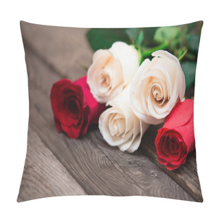 Personality  Red And White Roses On A Dark Wooden Background. Women' S Day, V Pillow Covers