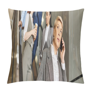 Personality  A Woman Multitasks, Talking On A Cell Phone While Walking Down An Escalator. Pillow Covers