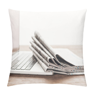 Personality  Laptop And Stack Of Newspapers On Wooden Tabletop Pillow Covers