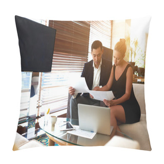Personality  Young Man And Woman Working Together With Paper Documents Before Meeting With Partners  Pillow Covers
