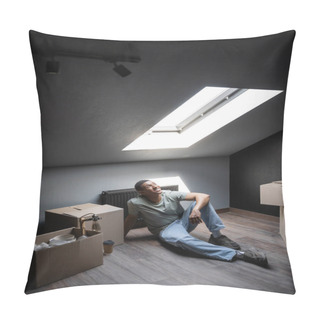 Personality  Cheerful African American Man Sitting In Sunlight Near Carton Boxes On Attic In New House Pillow Covers