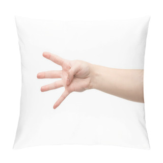 Personality  Cropped View Of Woman Showing Four Fingers Gesture Isolated On White Pillow Covers