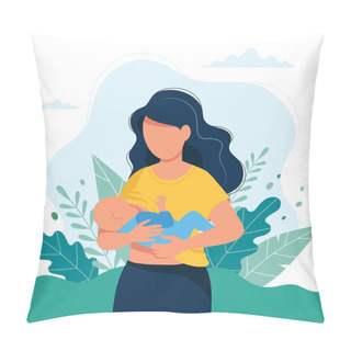 Personality  Breastfeeding Illustration, Mother Feeding A Baby With Breast On Natural Background. Concept Illustration Pillow Covers