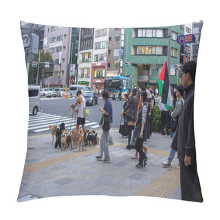 Personality  Tokyo, Japan, 4 November 2023: Dog Walker Managing A Pack Of Pugs On A Busy Shibuya Crossing Pillow Covers