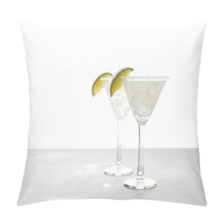 Personality  Close Up View Of Alcohol Margarita Cocktails With Lime On Grey Surface On White Pillow Covers