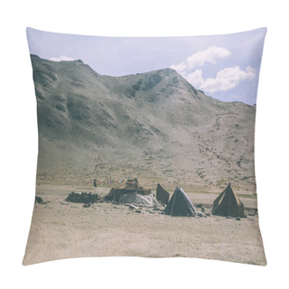 Personality  Herd Of Sheep Grazing On Pasture In Rocky Mountains And Tents, Indian Himalayas, Ladakh Pillow Covers