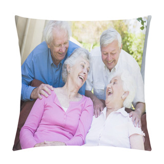 Personality  Group Of Senior Friends Sitting On Garden Seat Laughing Pillow Covers