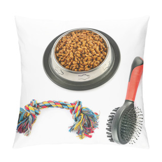 Personality  Pet Accessories Concept. Dry Food And Toys For Pet On Isolated White Background. Pillow Covers