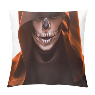 Personality  Woman With Skull Makeup In Death Costume Isolated On White Pillow Covers