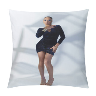 Personality  A Young African American Female Model Striking A Pose In A Stylish Black Dress. Pillow Covers