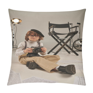 Personality  Boy In Beret Holding Vintage Camera And Sitting On Floor Near Director Chair, Young Photographer Pillow Covers