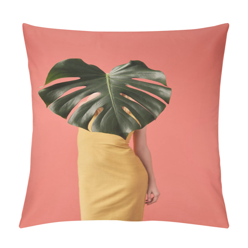 Personality  Woman Covering Face With Monstera Leaf Isolated On Red Pillow Covers