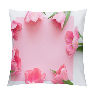 Personality  Top View Of Frame With Tulips Near Pink Blank Paper On White  Pillow Covers