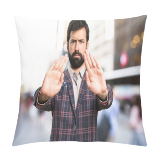 Personality  Well Dressed Man Making Stop Sign In The City Pillow Covers