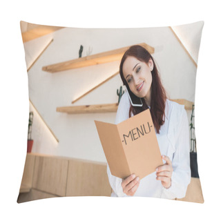 Personality  Woman Talking By Phone And Looking At Menu Pillow Covers