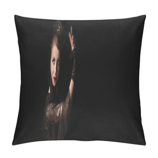 Personality  Panoramic Crop Of Pretty Young Dancer Dancing Flamenco Isolated On Black  Pillow Covers