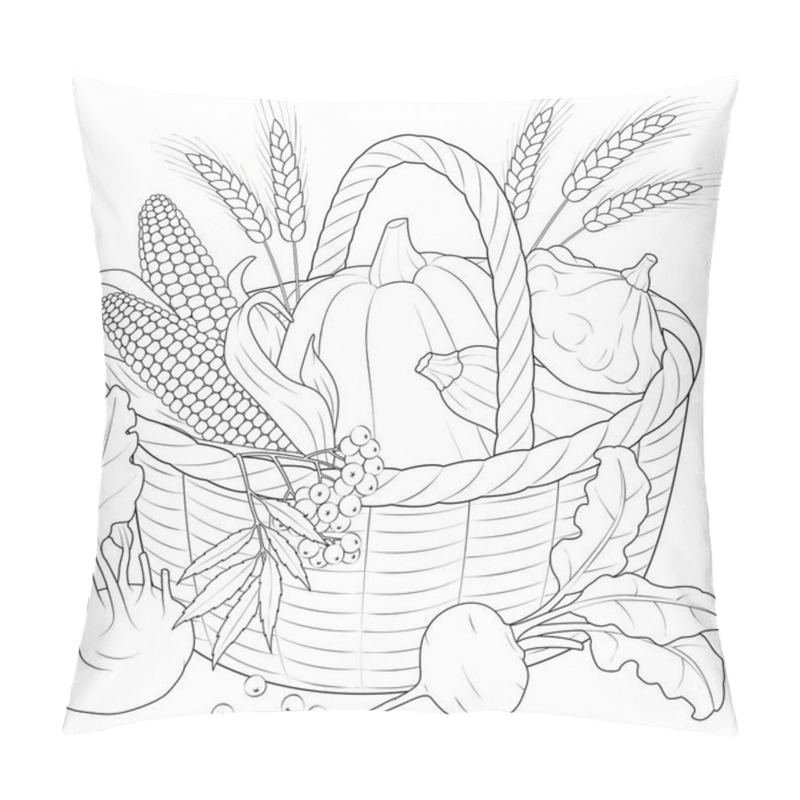 Personality  Autumn Harvest Basket black and white vector illustration. Corn, ears of wheat, basket, beets, turnips, pumpkin, squash, kohlrabi. Coloring page for kids and adults. pillow covers