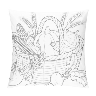 Personality  Autumn Harvest Basket Black And White Vector Illustration. Corn, Ears Of Wheat, Basket, Beets, Turnips, Pumpkin, Squash, Kohlrabi. Coloring Page For Kids And Adults. Pillow Covers