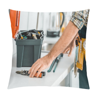Personality  Cropped Image Of Plumber Putting Tools On Kitchen Counter In Kitchen Pillow Covers