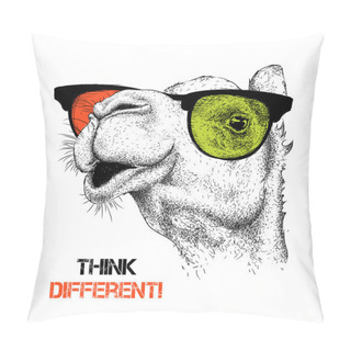 Personality  Portrait Of The Camel In The Colored Glasses. Think Different. Vector Illustration. Pillow Covers