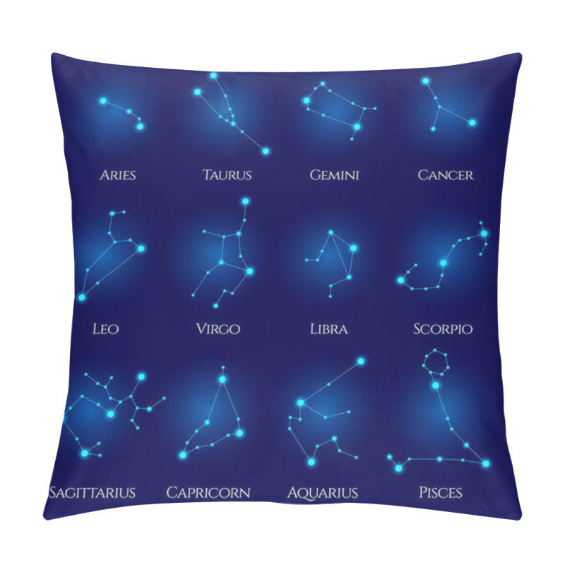 Personality  Constellations Vector Set. Twelve signs of the zodiac. Blue neon horoscope circle. Perfect for products such as t-shirts, pillows, album covers, websites, flyers, posters or any design pillow covers