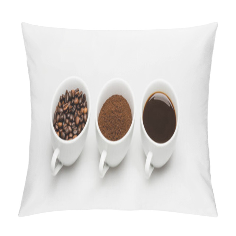 Personality  Cups With Prepared And Ground Coffee Near Beans On White, Banner Pillow Covers