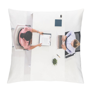 Personality  Two Young Business Women Meeting For Interview. Pillow Covers