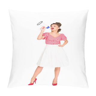 Personality  Fashionable Young Woman In Pin Up Style Clothing With Loudspeaker Isolated On White Pillow Covers